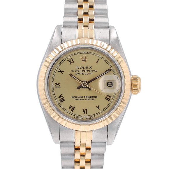 Rolex Ladies Datejust 26mm Two-Tone Champagne Roman Dial Fluted Jubilee 69173 main image 11